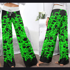 Black Green Skull Pattern Women's High-waisted Wide Leg Pants | Wonder Skull