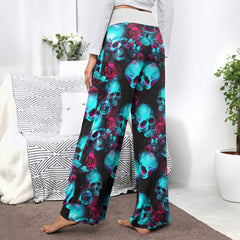 Cyan Skull Rose Gothic Women's High-waisted Wide Leg Pants | Wonder Skull