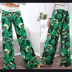 Gothic Green Pastel Skull Rose Women's High-waisted Wide Leg Pants | Wonder Skull