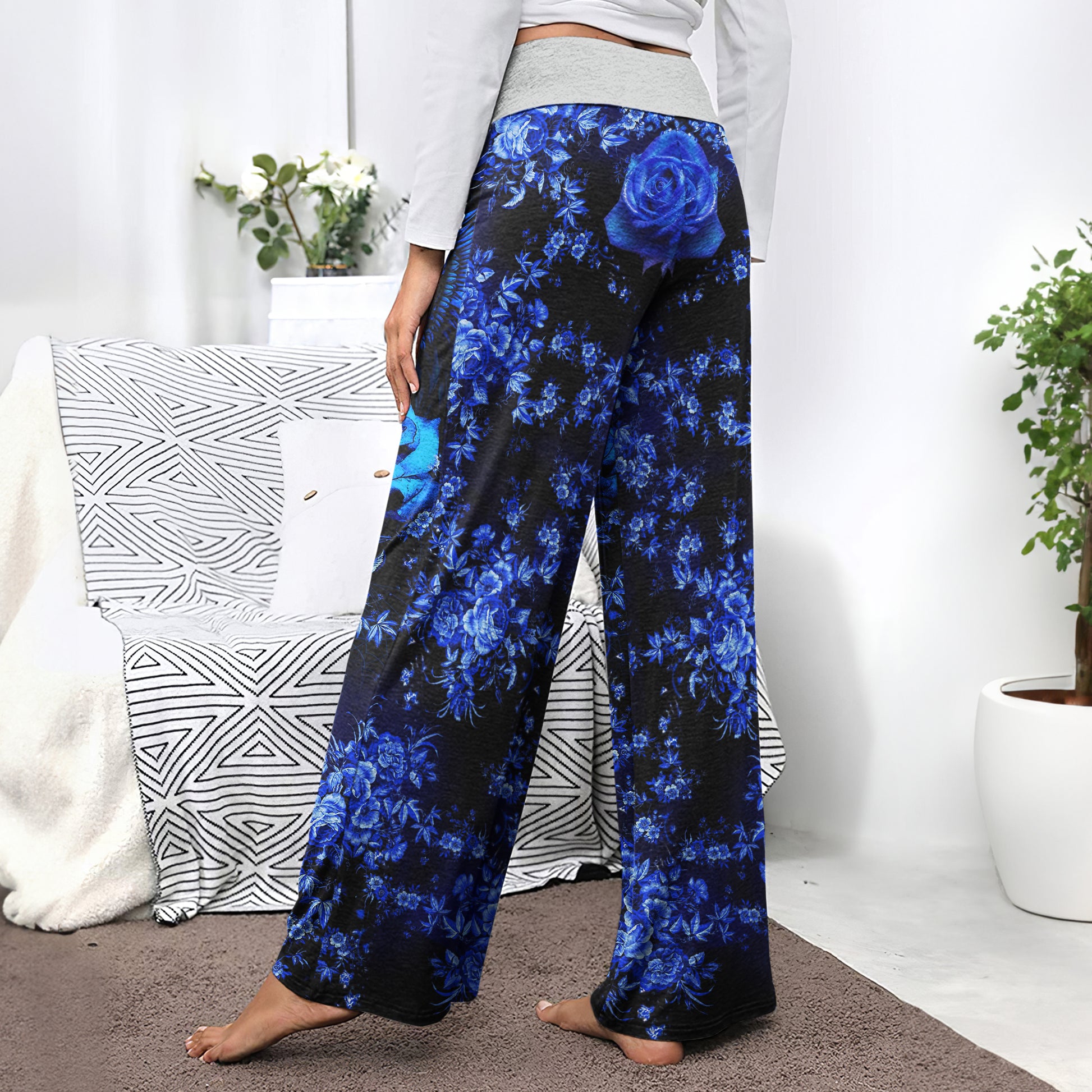 Dark Blue Skull Gothic Women's High-waisted Wide Leg Pants | Wonder Skull