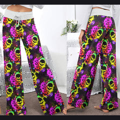 Rainbow Skull Heart Pattern Women's High-waisted Wide Leg Pants | Wonder Skull