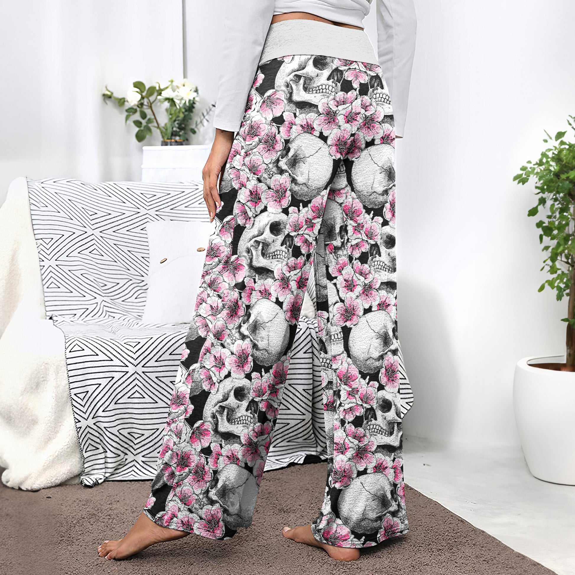 Pink Pastel Floral Skull Women's High-waisted Wide Leg Pants | Wonder Skull