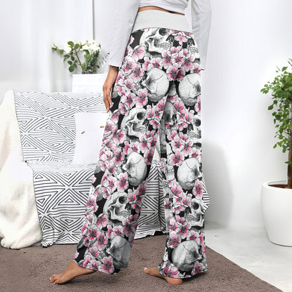 Pink Pastel Floral Skull Women's High-waisted Wide Leg Pants | Wonder Skull