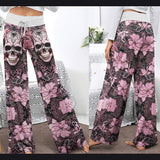 Black Pink Skull Lace Women's High-waisted Wide Leg Pants | Wonder Skull