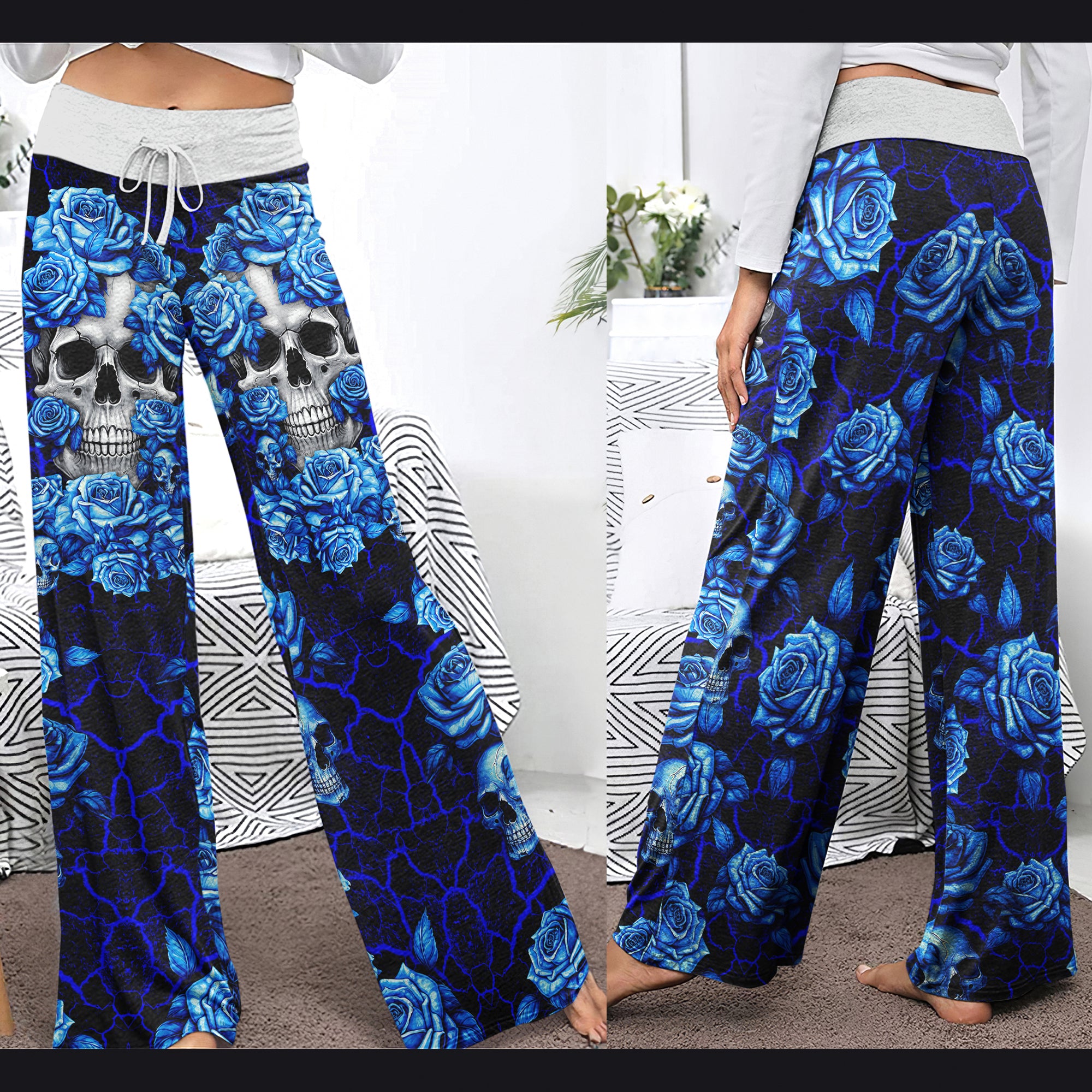 Blue Skull Rose Art Women's High-waisted Wide Leg Pants | Wonder Skull