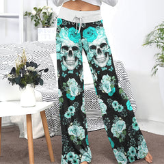 Cyan Skull Floral Art Women's High-waisted Wide Leg Pants | Wonder Skull