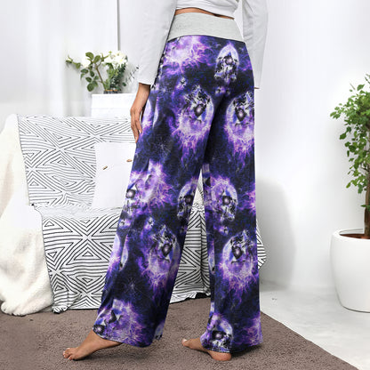 Skull Abstract Fire Purple Women's High-waisted Wide Leg Pants | Wonder Skull
