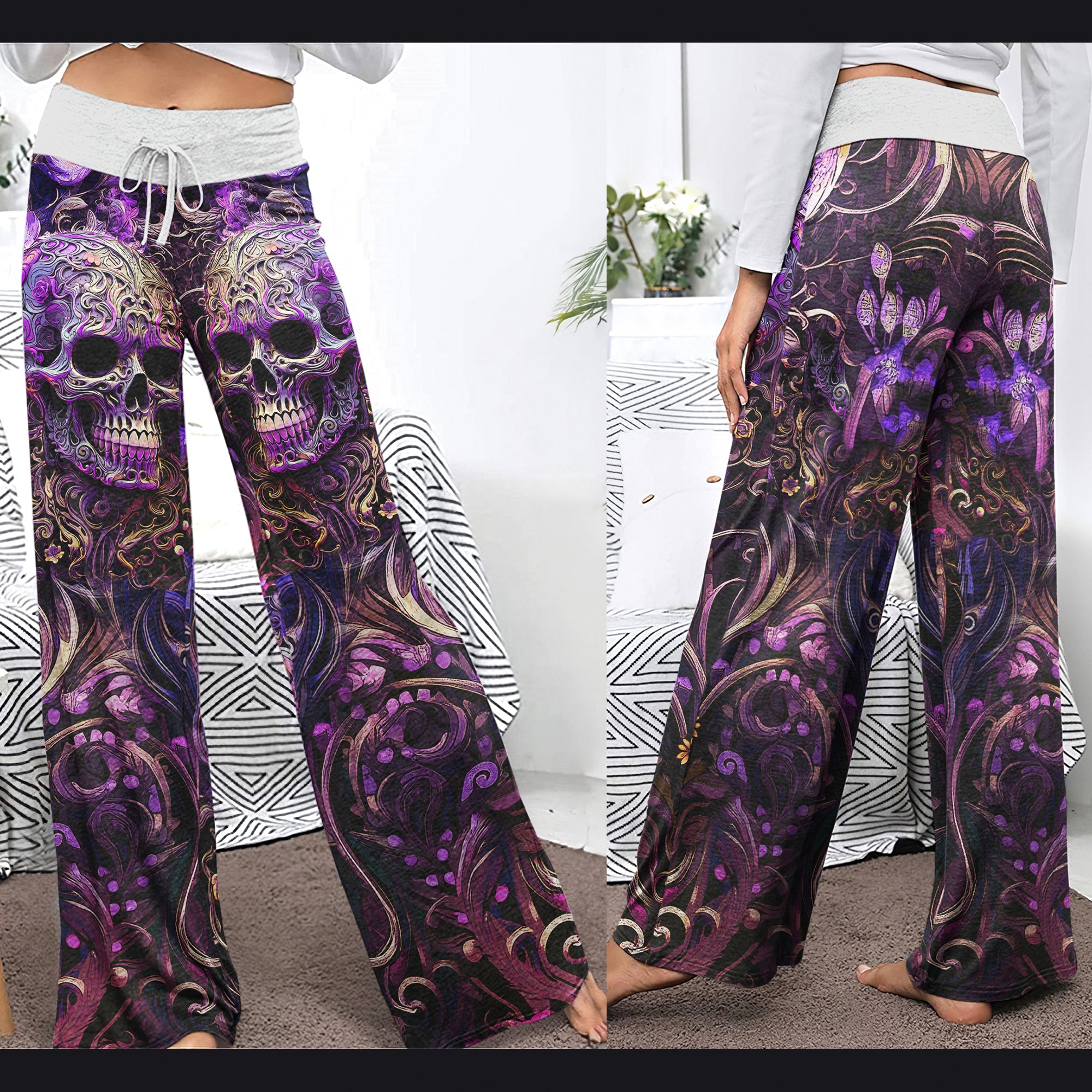 Violet Skull Floral Ornament Women's High-waisted Wide Leg Pants | Wonder Skull