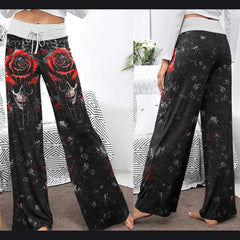 Dark Gothic Skull Rose Women's High-waisted Wide Leg Pants | Wonder Skull