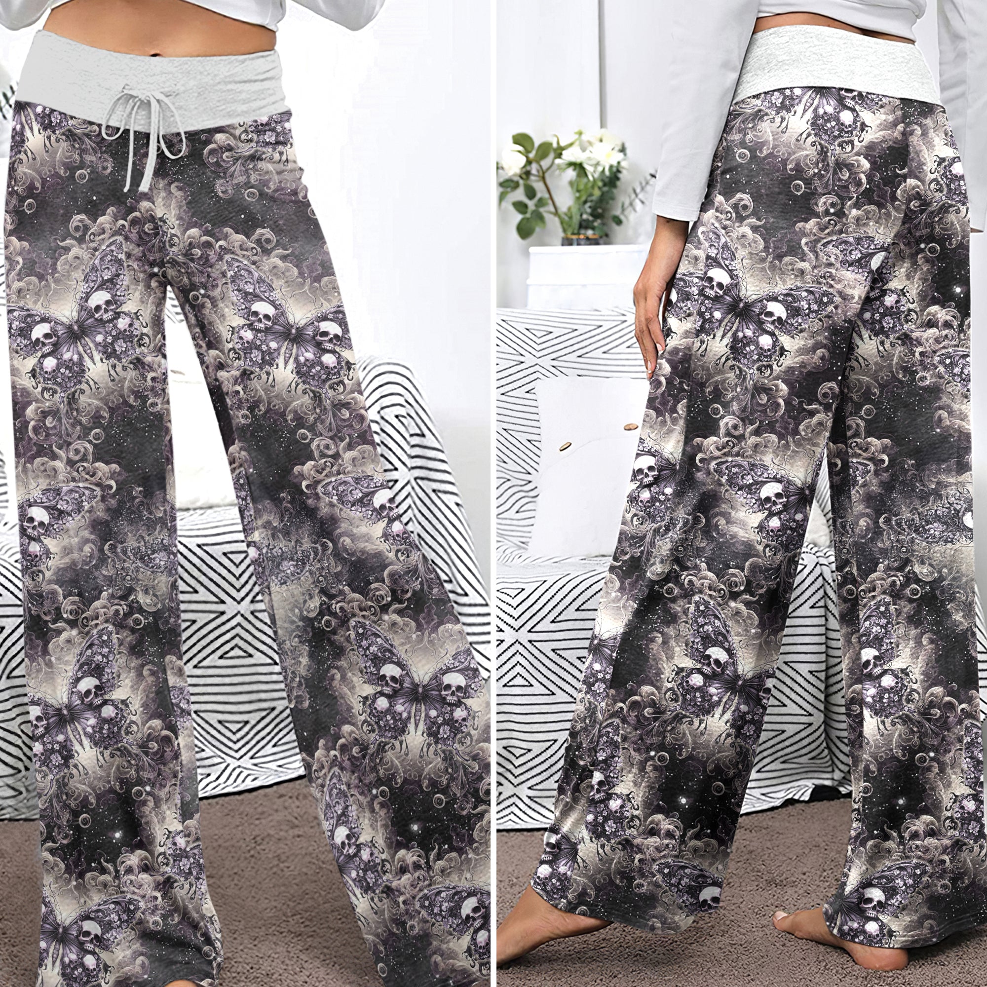 Galaxy Buterfly Skull Pattern Women's High-waisted Wide Leg Pants