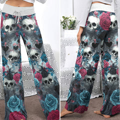 Cyan Skull Rose Pattern Women's High-waisted Wide Leg Pants