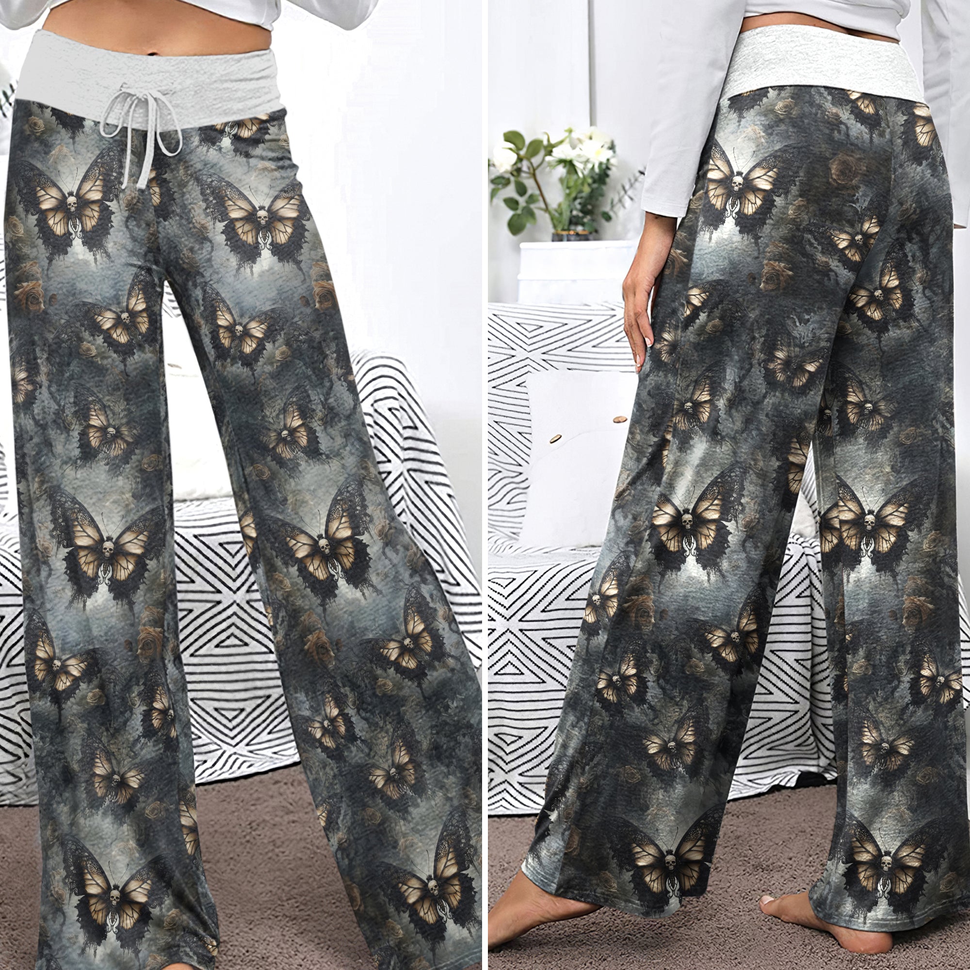 Tan Buterfly Skull Art Women's High-waisted Wide Leg Pants