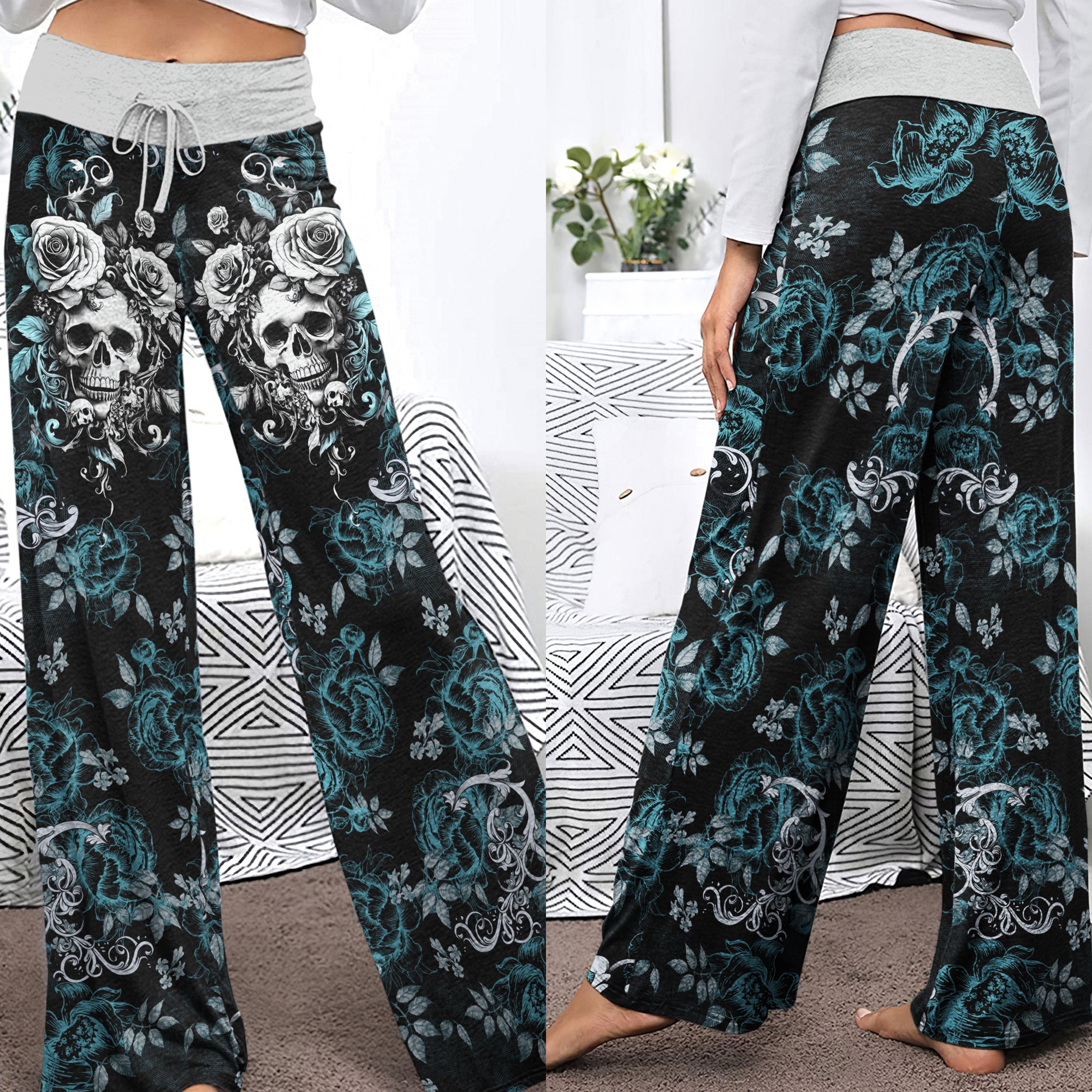Cyan Skull Rose Floral Women's High-waisted Wide Leg Pants