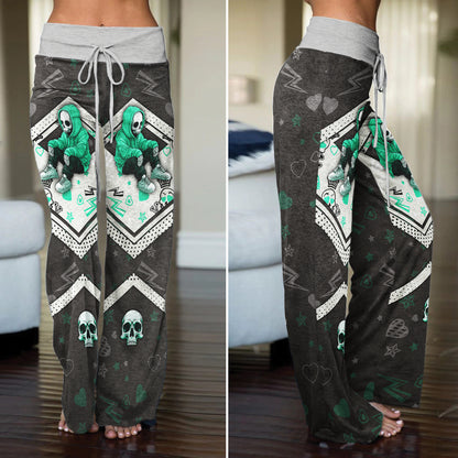 Green Skull Lip Pattern Women's High-waisted Wide Leg Pants