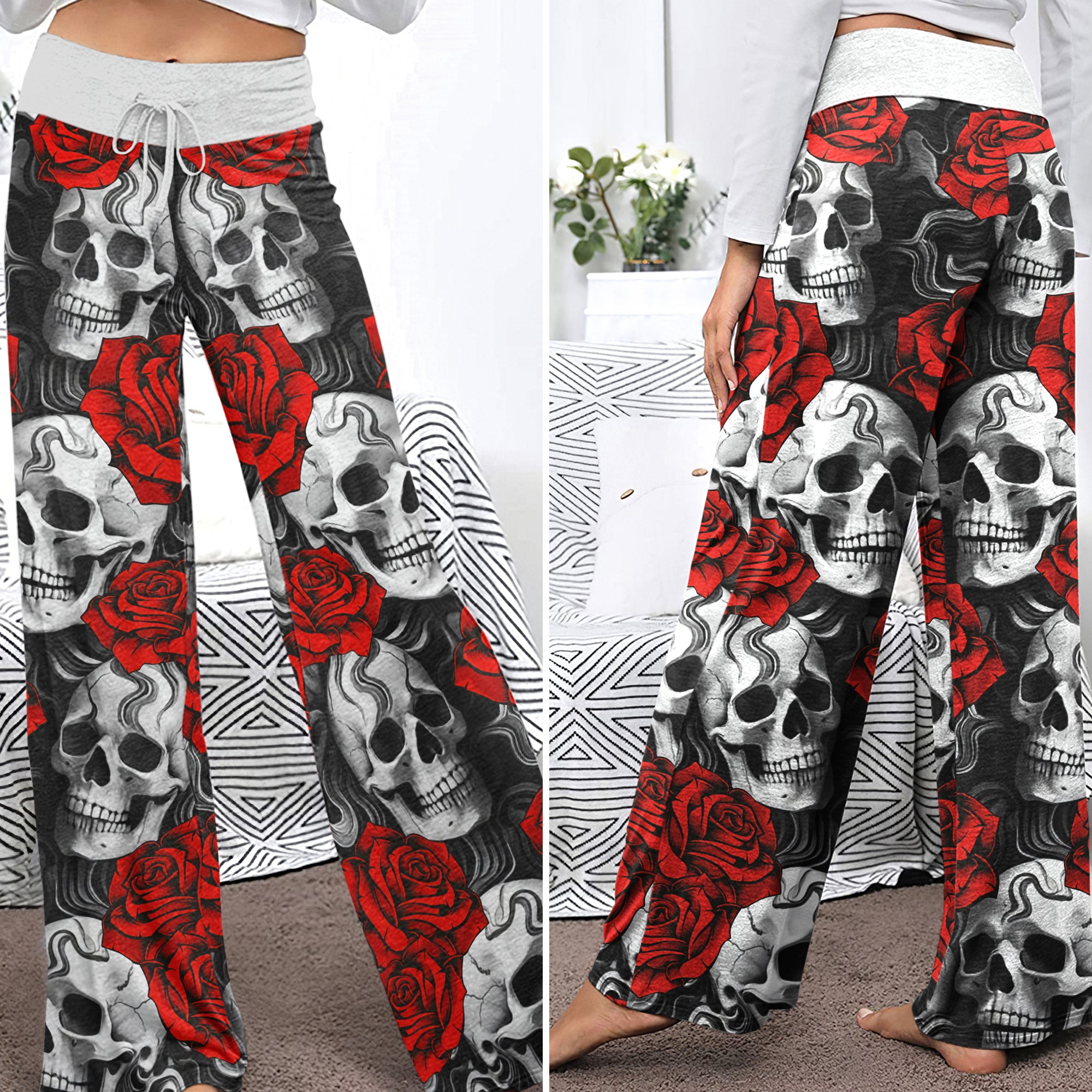 Red Rose Skull Pattern Women's High-waisted Wide Leg Pants