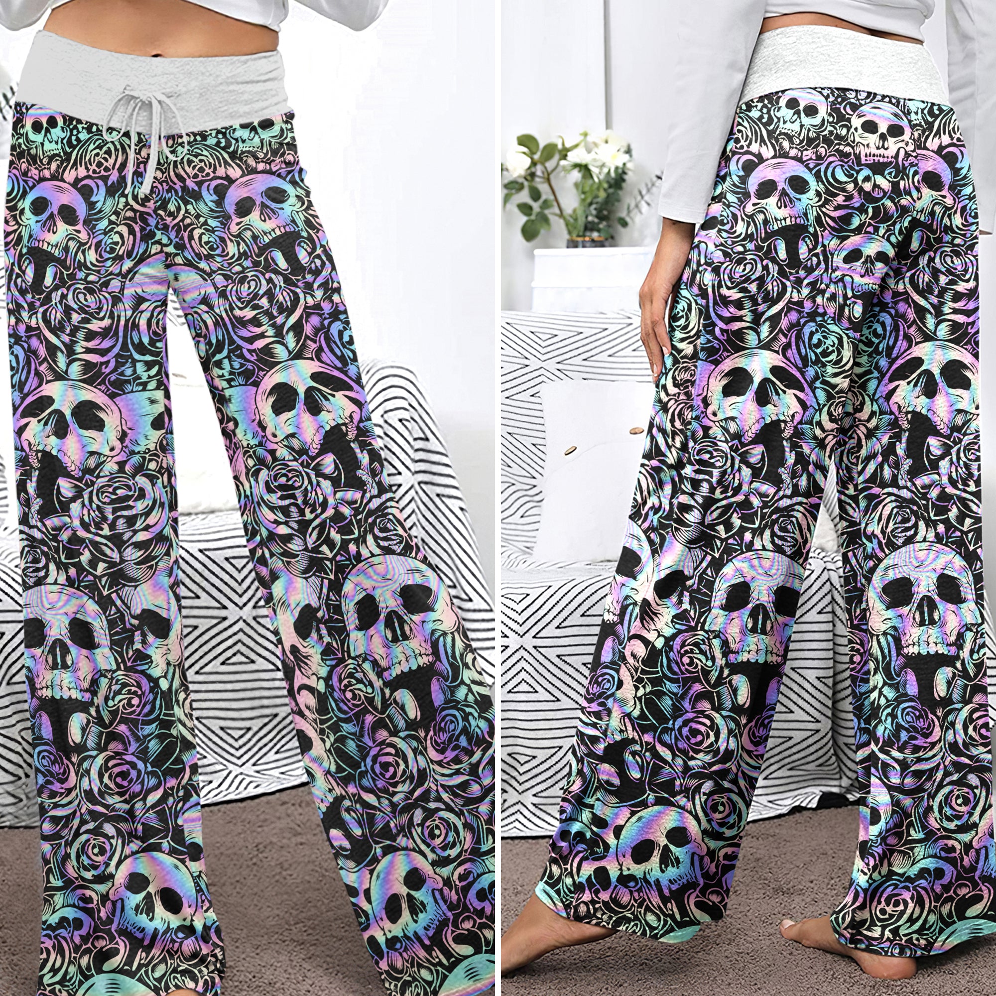Holographic Skull Rose Women's High-waisted Wide Leg Pants
