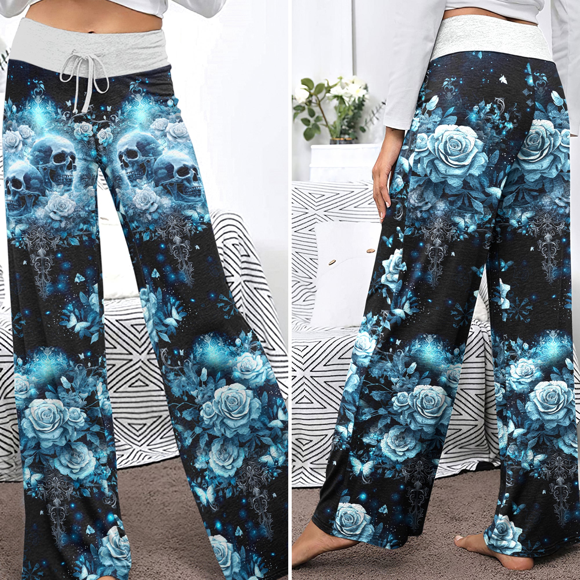 Cyan Galaxy Skull Rose Women's High-waisted Wide Leg Pants