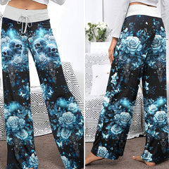 Cyan Galaxy Skull Rose Women's High-waisted Wide Leg Pants