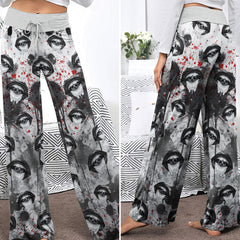 Black Skull Lip Pattern Women's High-waisted Wide Leg Pants