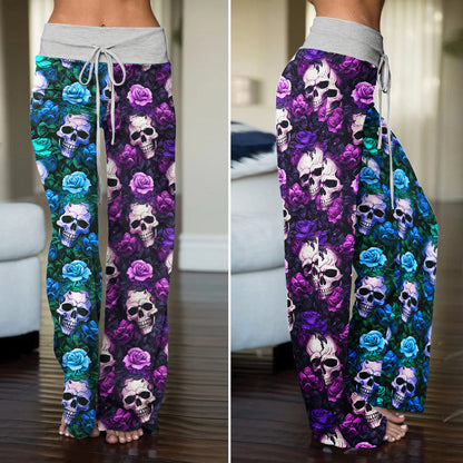 Royal Purple Skull Vines Women's High-waisted Wide Leg Pants
