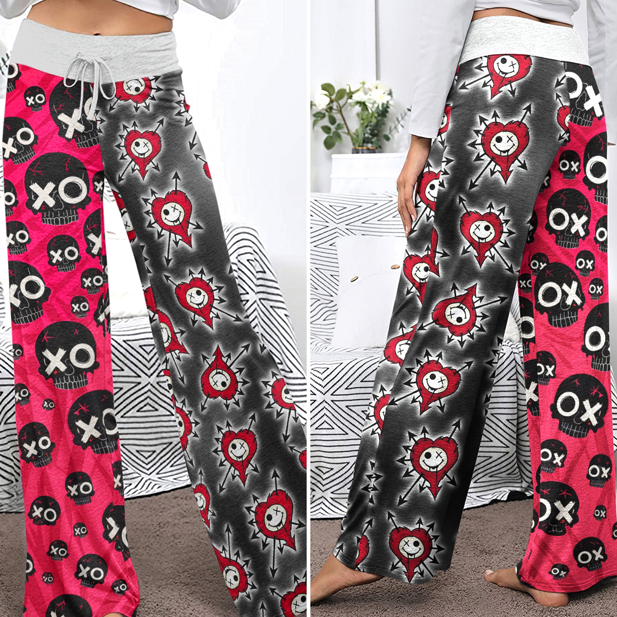 Punk Heart Skull Attack Women's High-waisted Wide Leg Pants