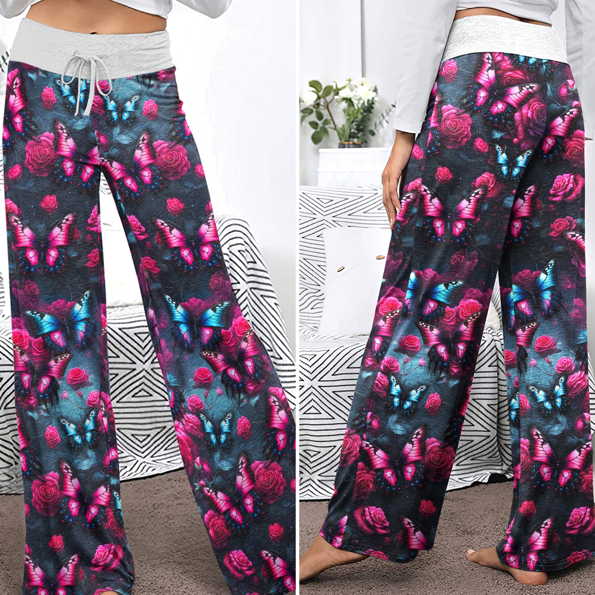 Neon Butterfly Pattern Women's High-waisted Wide Leg Pants
