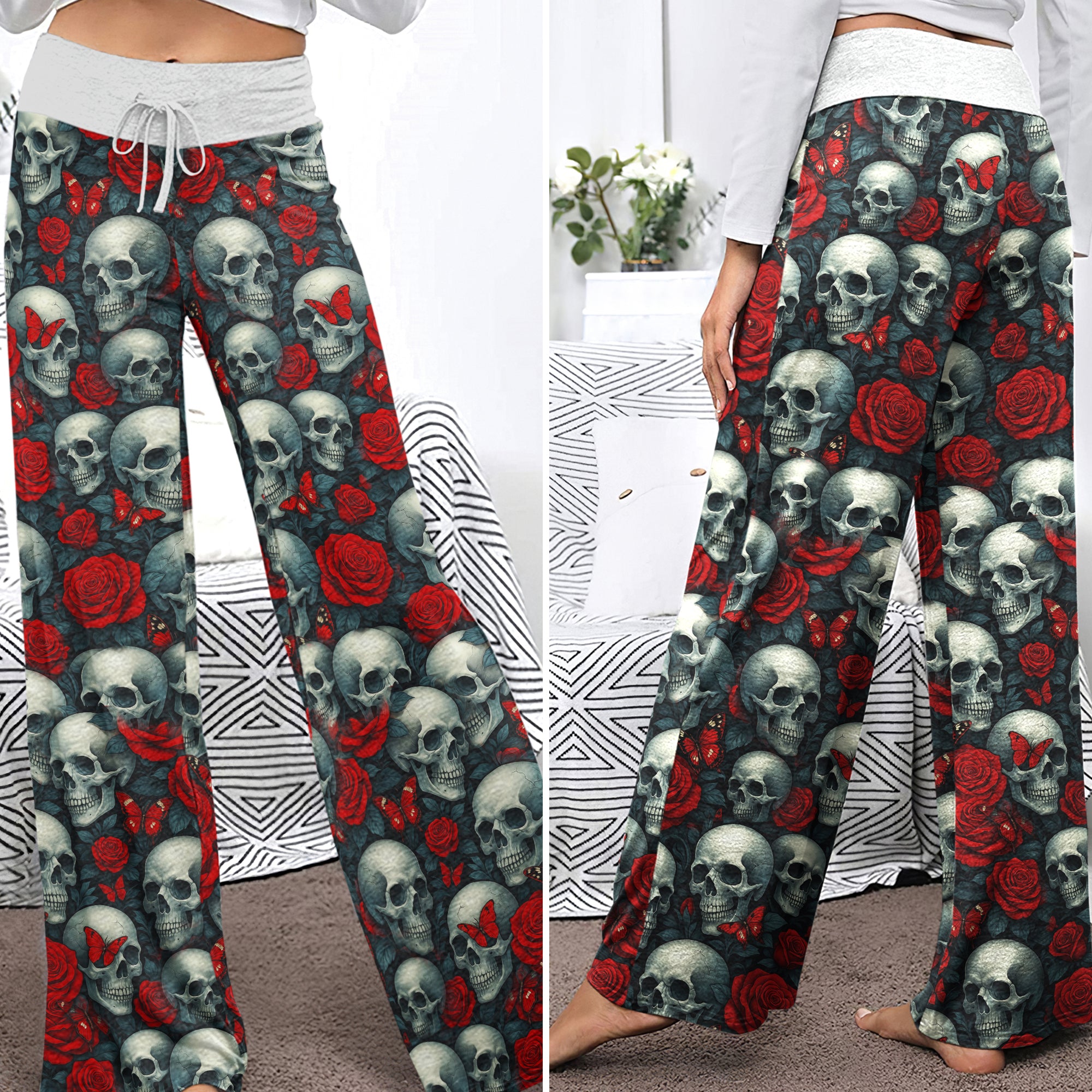 Skull Rose Gothic Seamless  Women's High-waisted Wide Leg Pants