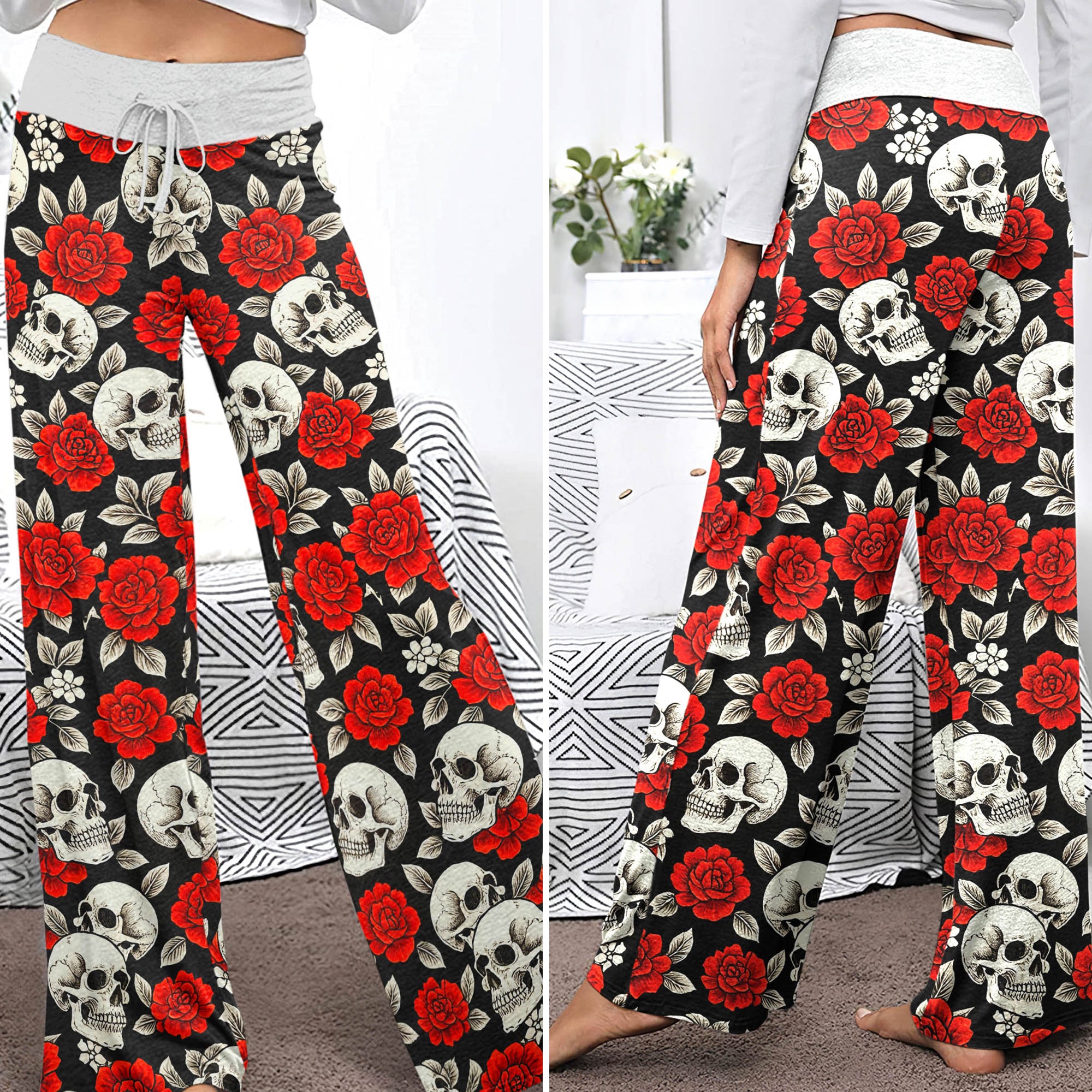 Noir Skull Flower Tapestry Women's High-waisted Wide Leg Pants