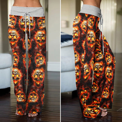 Hellfire Scorch Skulls Pattern Women's High-waisted Wide Leg Pants