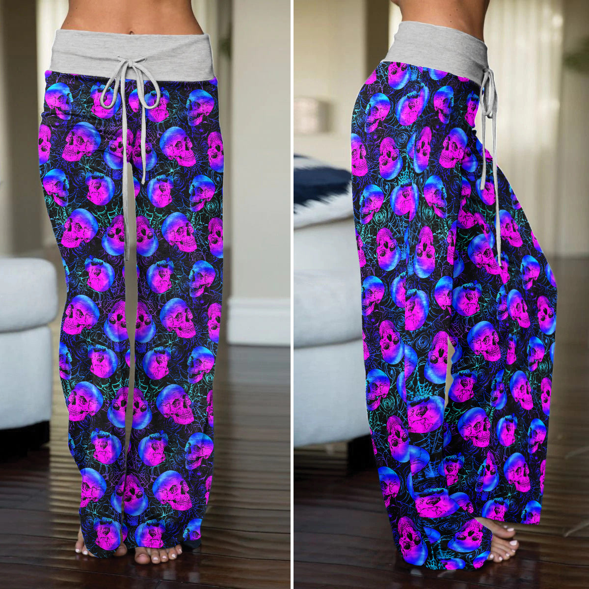 Gothic Neon Skull Webs Women's High-waisted Wide Leg Pants