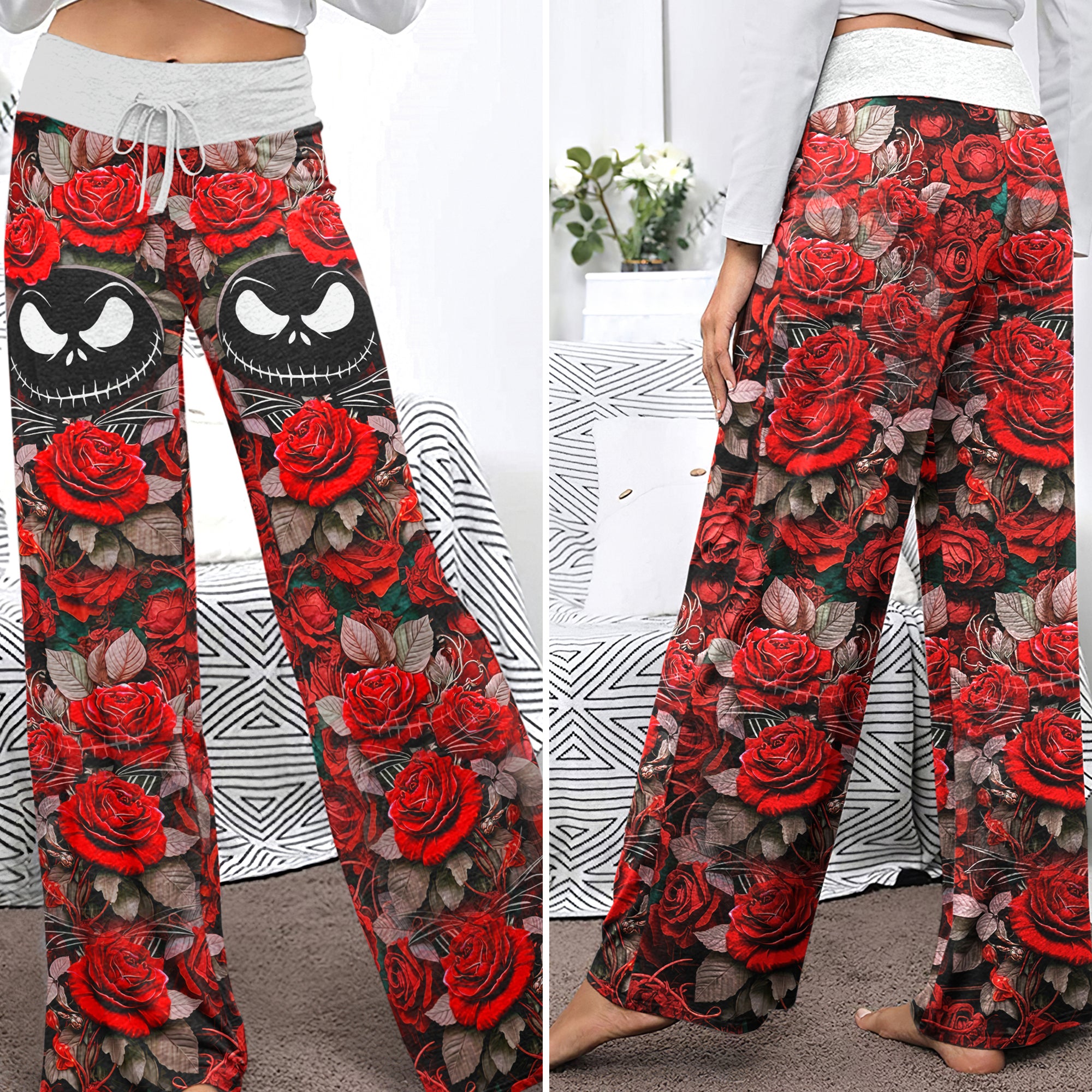 Red Reaper Bloom Skull Women's High-waisted Wide Leg Pants