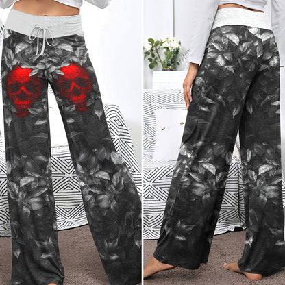 Red Skull Leaf Art Women's High-waisted Wide Leg Pants