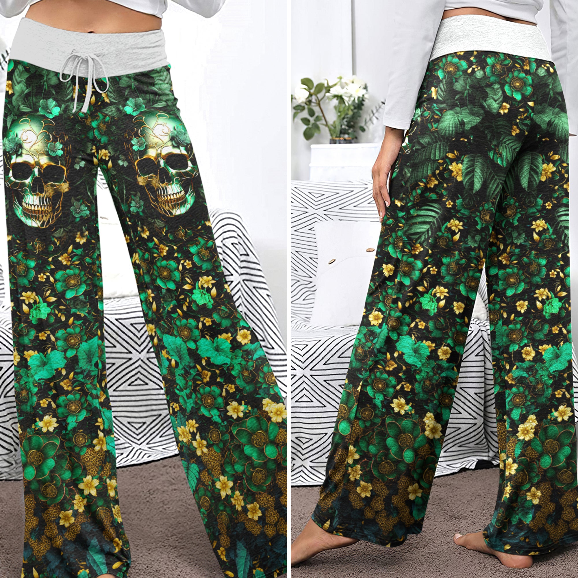 Emerald Gilded Skull Art Women's High-waisted Wide Leg Pants