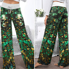 Emerald Gilded Skull Art Women's High-waisted Wide Leg Pants