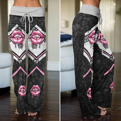 Pink Skull Lip Pattern Women's High-waisted Wide Leg Pants