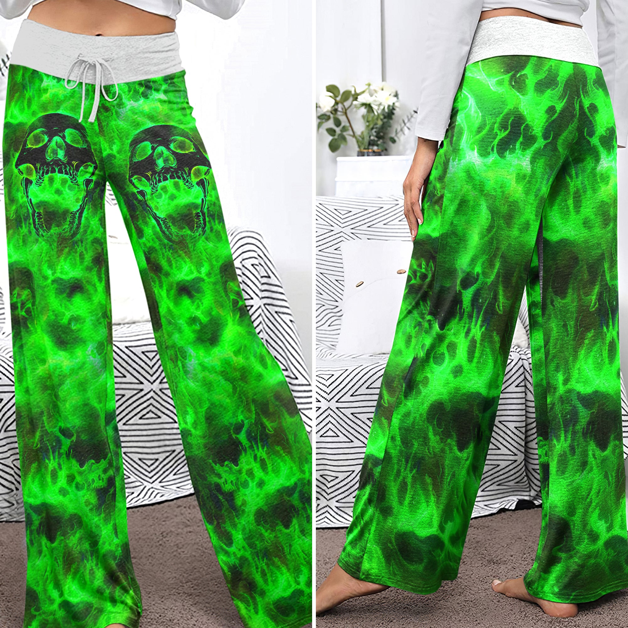 Green Skull Flaming Women's High-waisted Wide Leg Pants