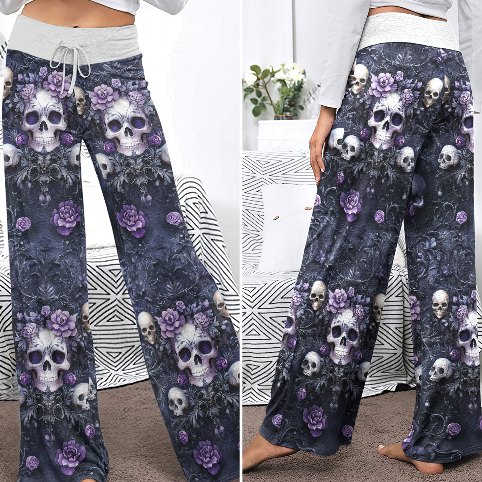 Purple Skull Gothic Women's High-waisted Wide Leg Pants