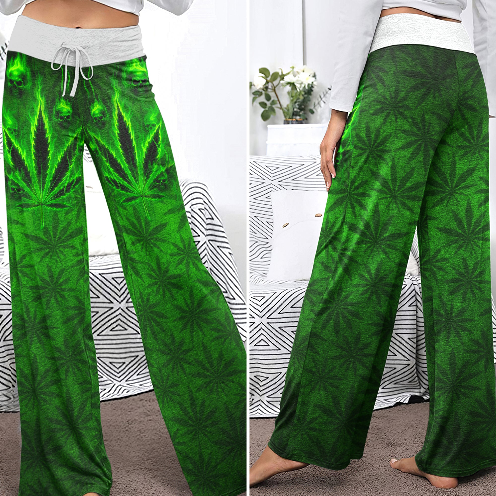 Green Leaf Skull Women's High-waisted Wide Leg Pants