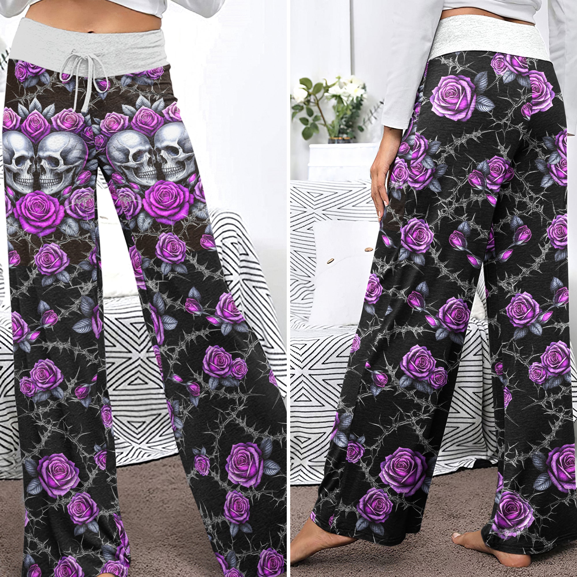 Purple Couple Skull Rose Women's High-waisted Wide Leg Pants