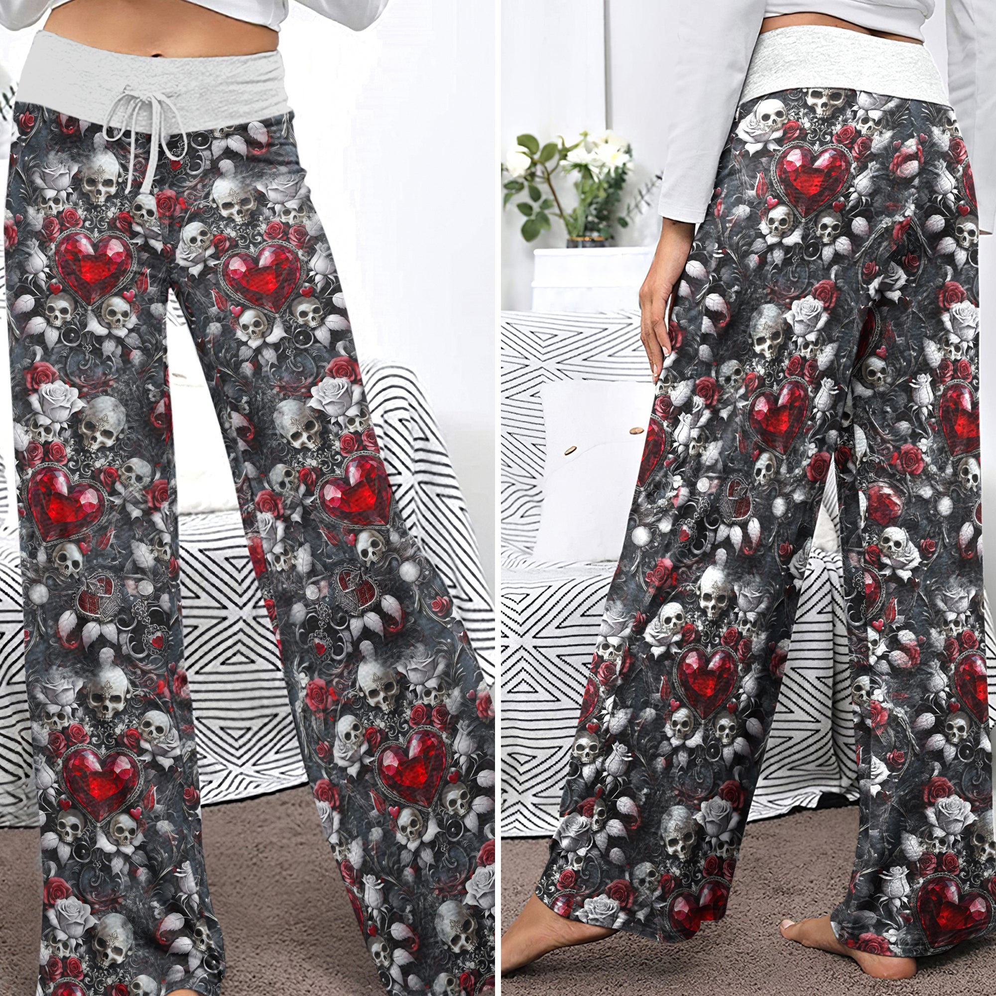 Skull Royal Pattern Women's High-waisted Wide Leg Pants