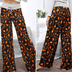 Orange Scary Face Pattern Women's High-waisted Wide Leg Pants | Wonder Skull