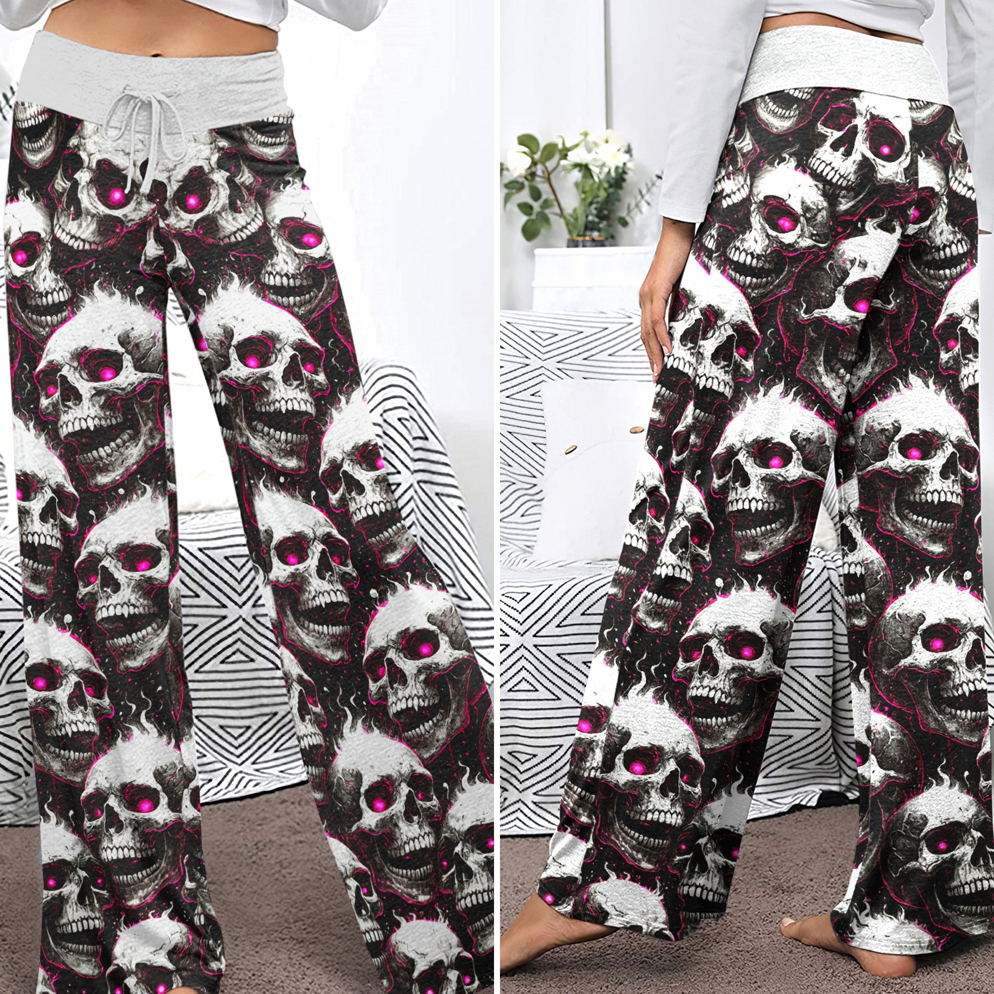 Fiery Skull Pink Eyes Women's High-waisted Wide Leg Pants