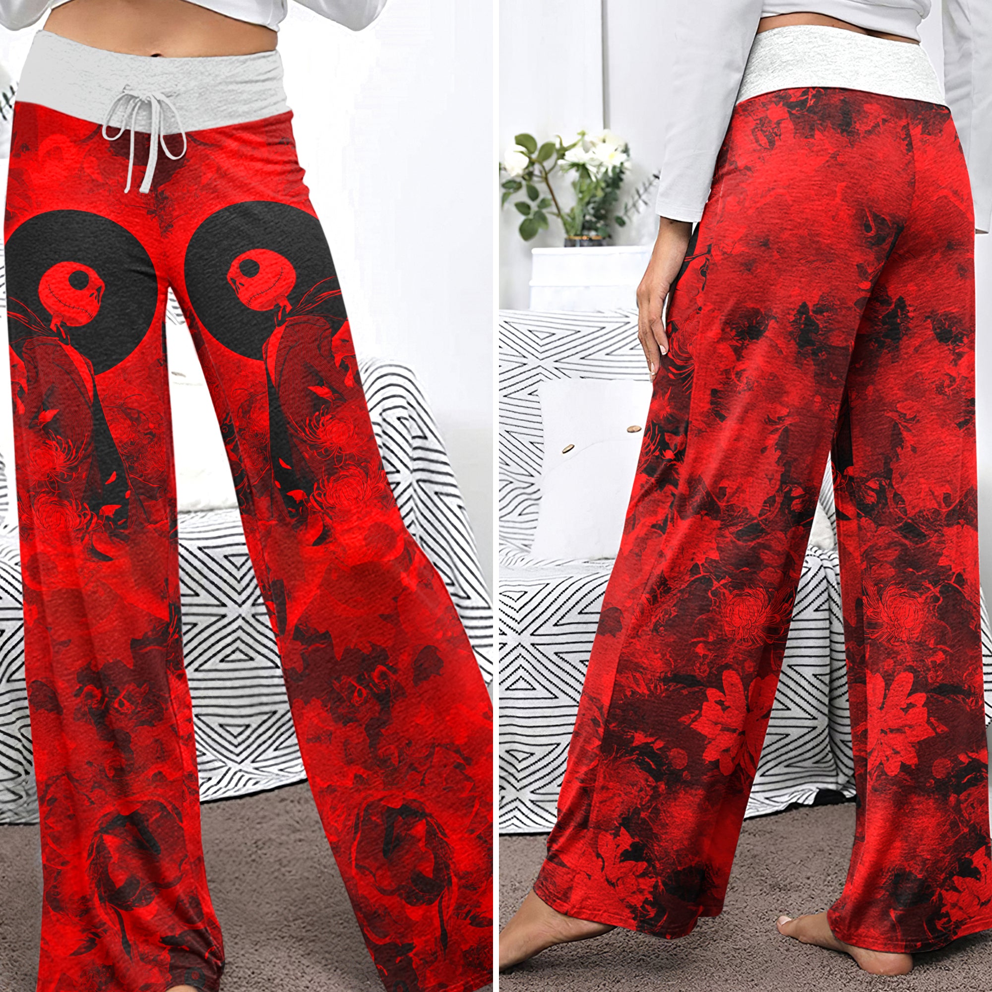 Gothic Skeleton Red Floral Women's High-waisted Wide Leg Pants