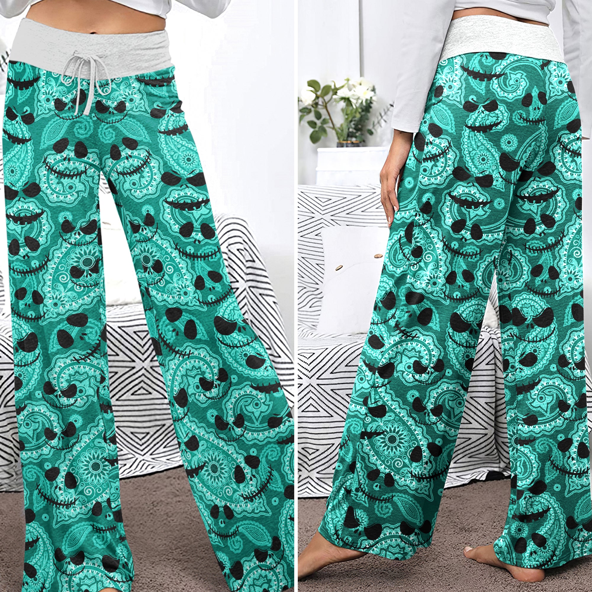 Cyan Whimsical Skull Paisley Women's High-waisted Wide Leg Pants