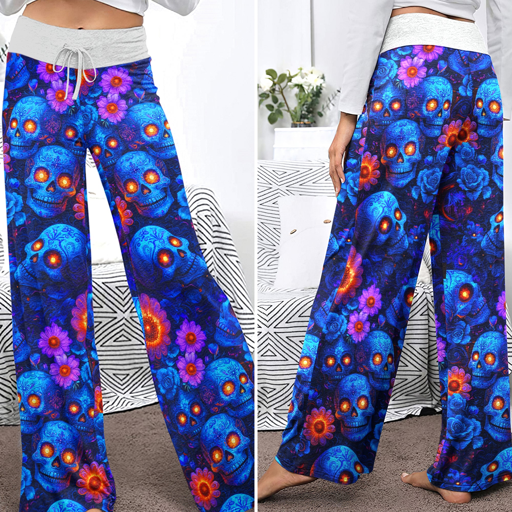 Blue Skull Pattern Women's High-waisted Wide Leg Pants