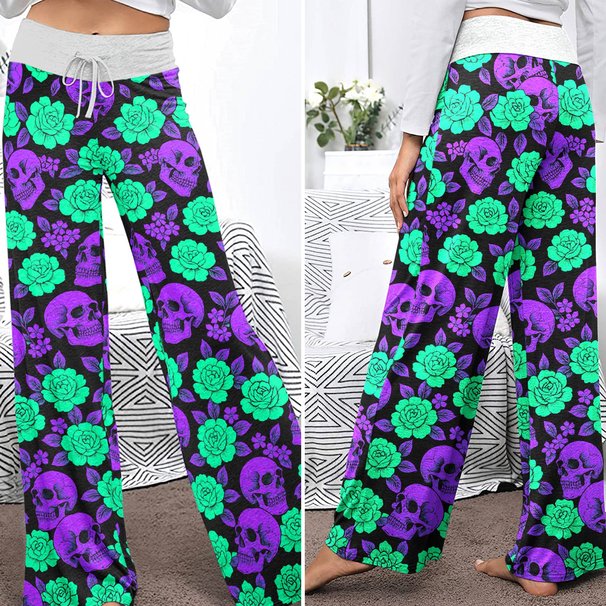 Neon Glowing Skulls Roses Women's High-waisted Wide Leg Pants