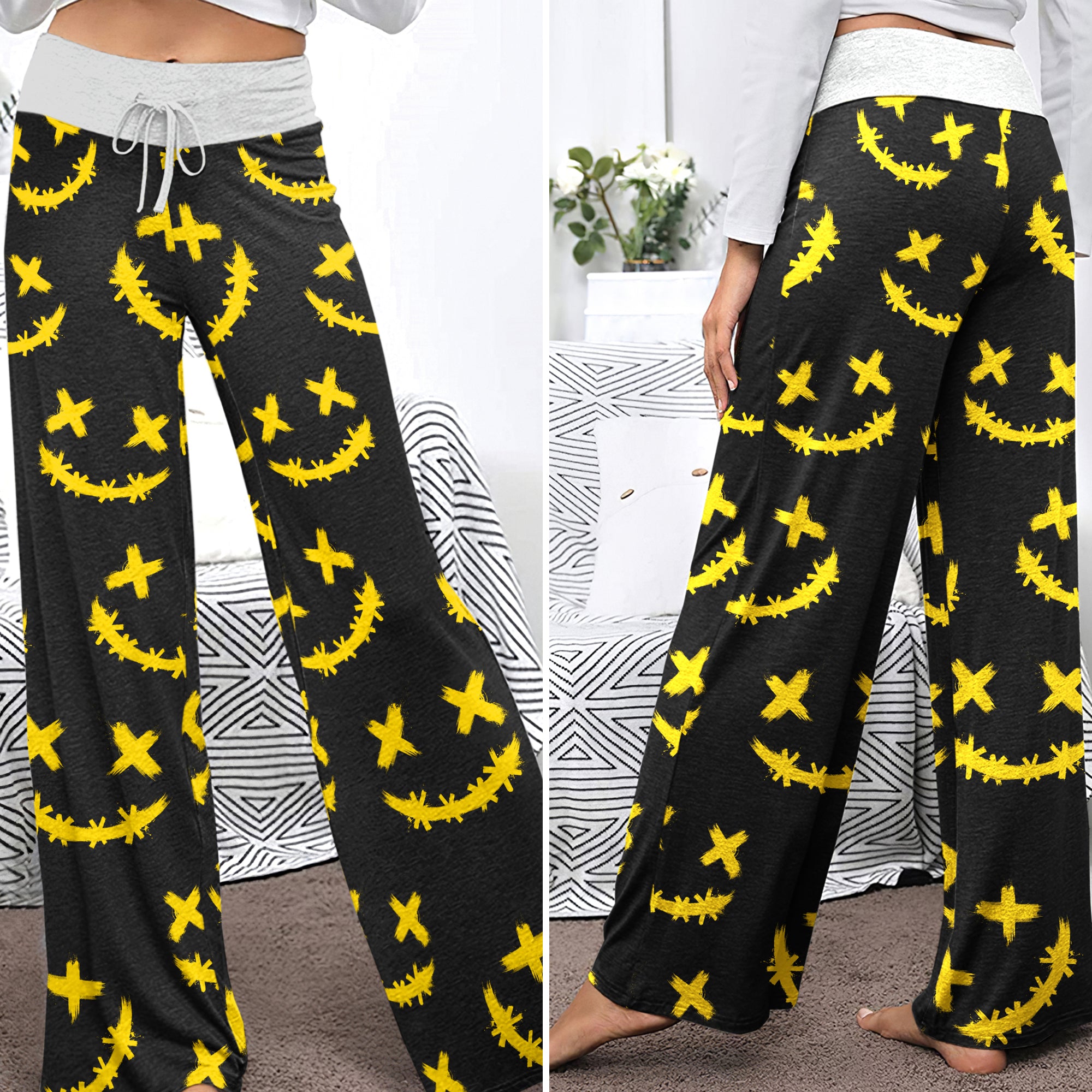 Yellow Stitch Faces Pattern Women's High-waisted Wide Leg Pants