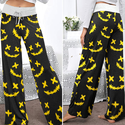 Yellow Stitch Faces Pattern Women's High-waisted Wide Leg Pants