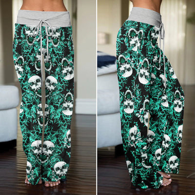 Thorned Rose Skull Pattern Women's High-waisted Wide Leg Pants
