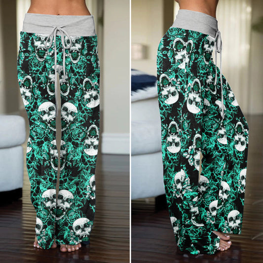 Thorned Rose Skull Pattern Women's High-waisted Wide Leg Pants